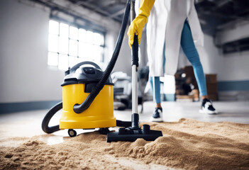 'cleaner vacuum removal dust service cleaning construction men at work removing repair renovation floor woman technology sweeping hoover cleanup dirt indoor interior building' - obrazy, fototapety, plakaty