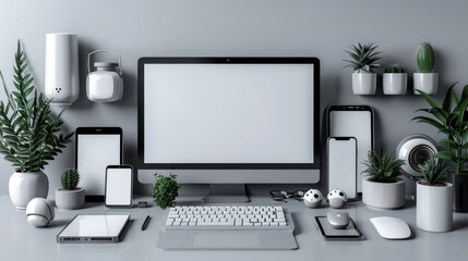 Mock-up of blank white laptop screen, tablet, and smartphone mockup, isolated on a gray background