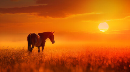 Cavalo no campo ao por do sol laranja - obrazy, fototapety, plakaty