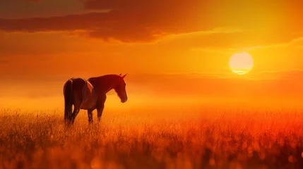 Zelfklevend Fotobehang Cavalo no campo ao por do sol laranja © Vitor