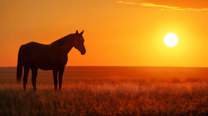 Cavalo no campo ao por do sol laranja - obrazy, fototapety, plakaty