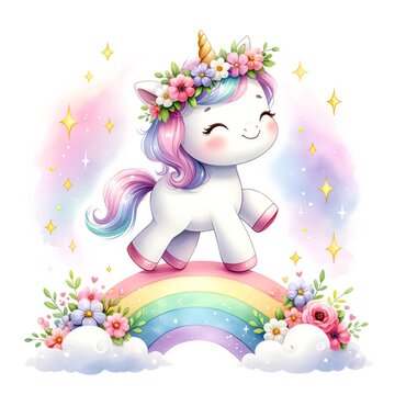 This enchanting illustration showcases a smiling unicorn with a floral crown, gracefully seated atop a vibrant rainbow.
