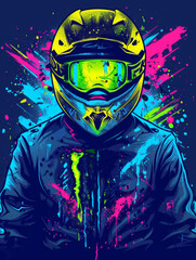 Fototapeta premium Male racer in helmet and uniform. Bright watercolor background, copy space banner.