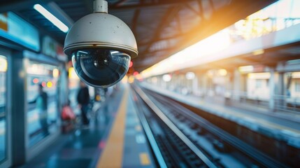 A surveillance camera installed on a train monitoring for any suious activity or individuals. .