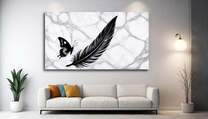 Panel wall art on marble with feather designs , wall decoration created with generative ai
