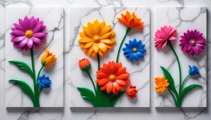 Panel wall art marble Vivid Floral Triptych 3D Art on Marble Background  wall decoration created with generative ai