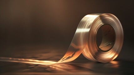 Coil of reflective material unwinding with smooth texture highlighted by warm lighting