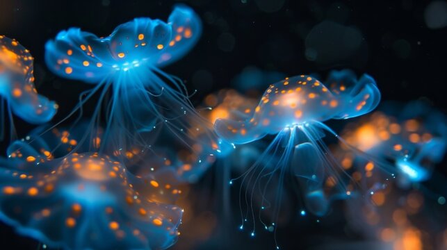 A fluorescent image of bioluminescent plankton lighting up the dark ocean like a magnificent fireworks display their luminescence