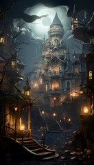 Digital painting of a spooky Halloween scene with haunted castle and stairs