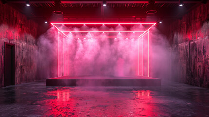 A stage engulfed in billowing smoke, creating an ethereal and enchanting atmosphere in a pink boxing ring.
