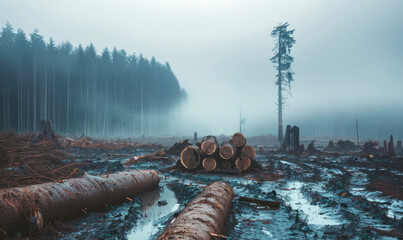 Dead forest in a foggy weather. Deforested landscape with cut trees - Powered by Adobe