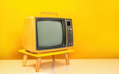 Retro yellow old television on a stand with blank screen, vintage old fashioned TV isolated on...