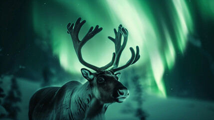 Silhouette of Reindeer with Radiant Northern Lights in the Arctic Night