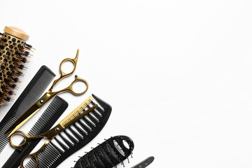 Hairdressing tools on white background, flat lay. Space for text