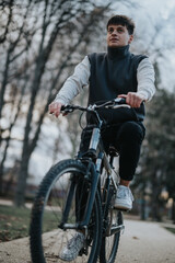 A young male teenager dressed casually riding a bicycle on a park path, showcasing leisure and active lifestyle.