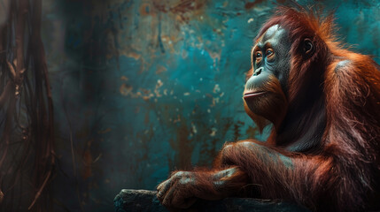 Orangutan Gaze, Contemplative Stare - obrazy, fototapety, plakaty
