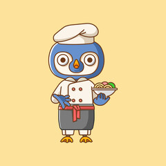 Cute penguin chef cook serve food animal chibi character mascot icon flat line art style illustration concept cartoon