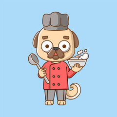 Cute pug dog chef cook serve food animal chibi character mascot icon flat line art style illustration concept cartoon