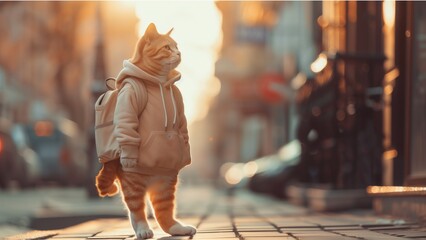 a cat in the city street wearing hoodie and backpack