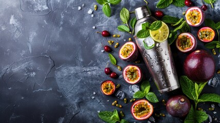 Metal water bottle with fruit and mint leaves on dark surface