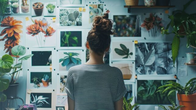 Person with bun hairstyle admiring wall covered in botanical images