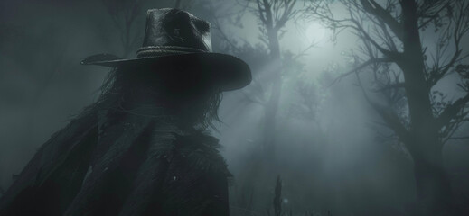 A foggy night the Nightshade Nomad wanders through a ghostly forest their hat casting eerie shadows over their face as they disappear into the mist. .
