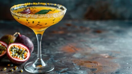 Exotic passion fruit cocktail garnished with slice and seed on rustic surface