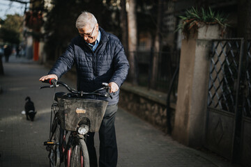 Obraz premium Senior man with glasses parking his bicycle on a sunny urban street.
