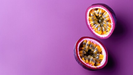 Two halves of passion fruit on purple background