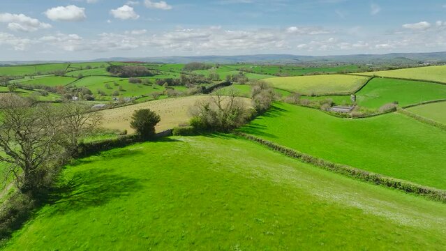 Fields and Farmlands at spring from a drone, Devon, England, Europe
