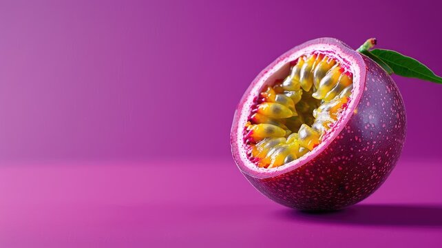 Half-cut passion fruit on purple background