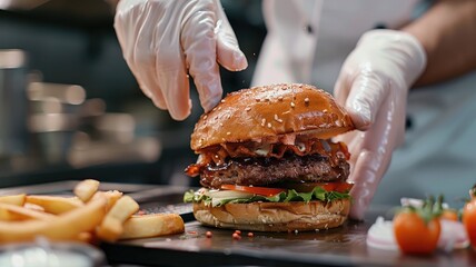 Chef in gloves preparing beef burger with bacon and lettuce - obrazy, fototapety, plakaty