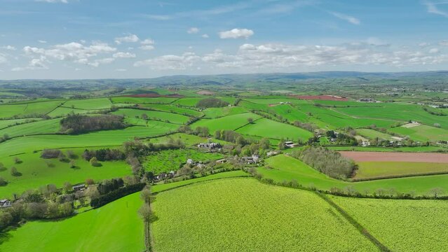 Fields and Farmlands at spring from a drone, Devon, England, Europe