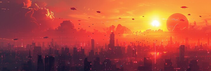 A futuristic cityscape is adorned with countless birds soaring gracefully overhead, creating a magnificent spectacle in the sky.