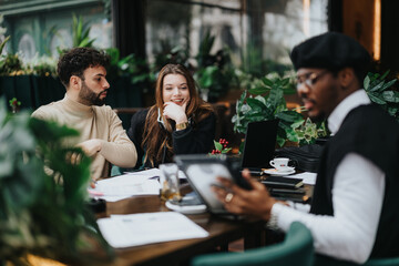 A multicultural team engages in a business meeting at a cozy cafe. Documents are on the table as...