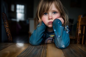 A young girl sitting at a table, with her hands on her face in a contemplative or thoughtful pose.