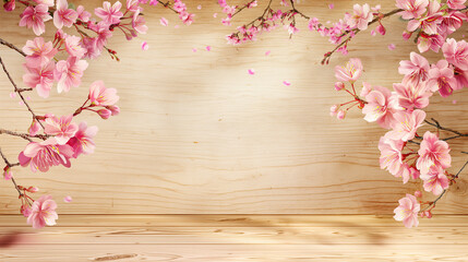 桜のフレームと木のテーブルトップの美しいイラスト - obrazy, fototapety, plakaty
