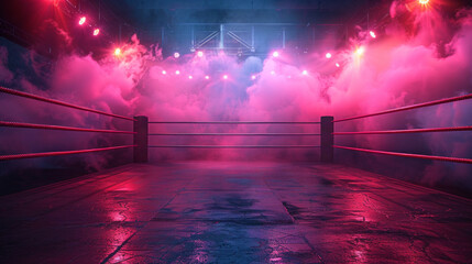 A vibrant pink boxing ring enveloped in billowing red and pink smoke, creating a striking scene of intensity and energy.