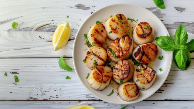 A Plate of Grilled Scallops on a Wooden Table