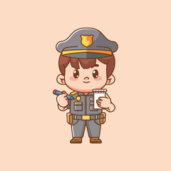 Cute police officer uniform takes notes kawaii chibi character mascot illustration outline style design