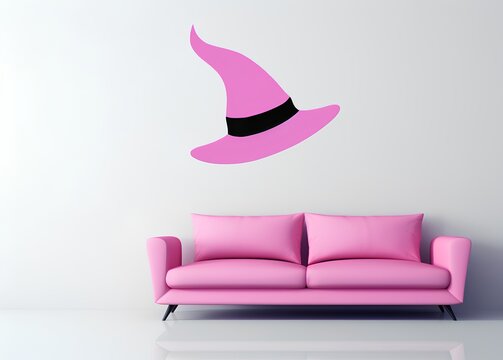 Pink sofa with hat on a white wall. 3d rendering.