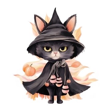 Cute black cat in witch costume with pumpkin. Vector illustration.
