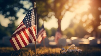A poignant image of a small American flag placed beside a veterans grave in a national cemetery, rows of white headstones in the background under a clear blue sky - Powered by Adobe