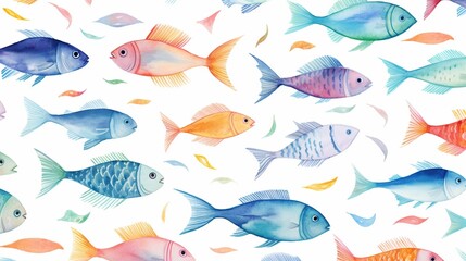 Watercolor fishes seamless pattern in hand drawn style isolated on white background. - obrazy, fototapety, plakaty