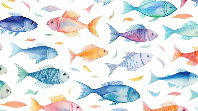 Watercolor fishes seamless pattern in hand drawn style isolated on white background.