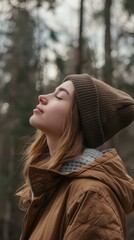 A young woman standing with her eyes closed in the woods, breathing fresh air and enjoying nature.