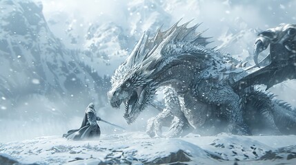 Fototapeta na wymiar A knight hunting an evil dragon, battling a silver dragon in the middle of a snowfall.