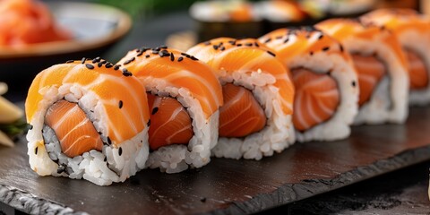 A black plate is filled with neatly arranged sushi rolls, featuring salmon, creating an appealing display.