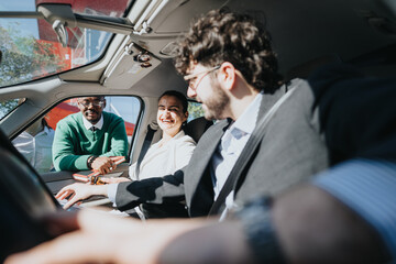 Busy professionals using travel time smartly, engaging in a discussion inside a vehicle under clear...