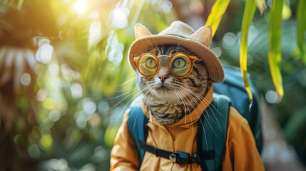 A feline donning a hat and goggles, carrying a backpack, in a tourist costume.